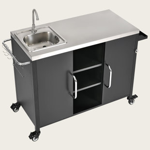 55.5" Outdoor Kitchen Island with Sink & Grill Cart, 4 Lockable Wheels