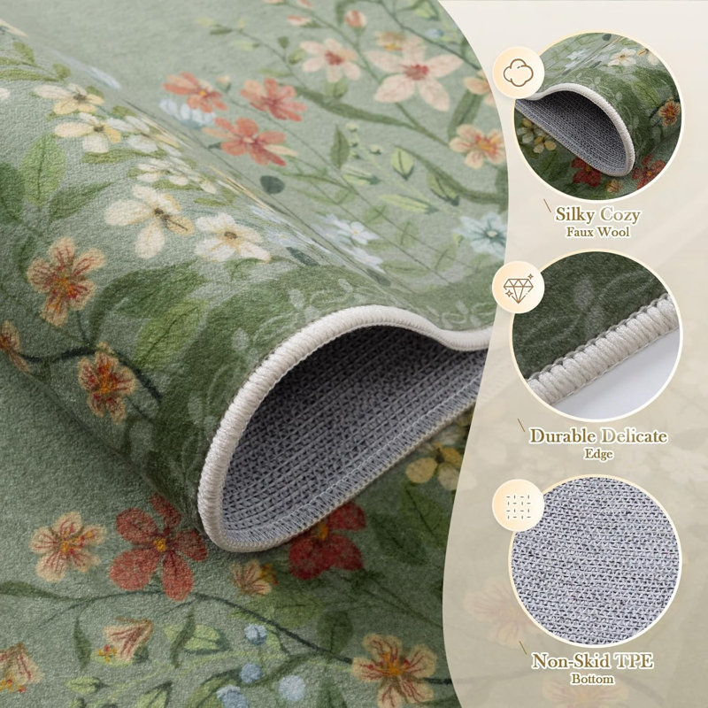 Vintage Floral Washable Area Rug with Non-Slip Backing, Low-Pile Green Rug for Living Room, Bedroom & Dining Room