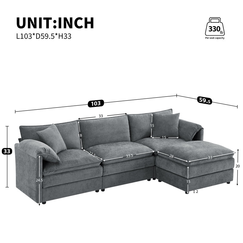 Canapé modulaire en chenille 103 po avec coussins doubles et repose-pieds mobile Norvale, Gris foncé