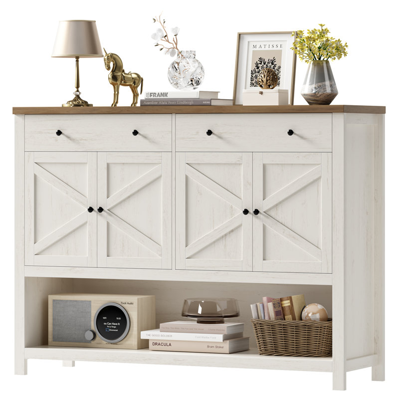 55.1" W Console Table, Entrance Cabinet With Open Shelf, Antiqued White