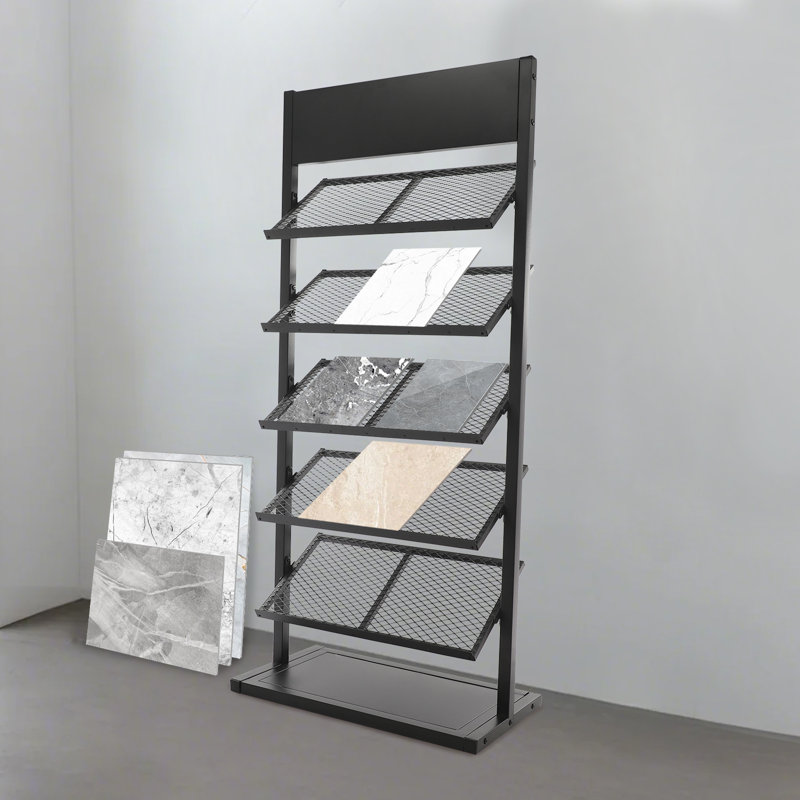 5-Tier Modern Heavy-Duty Iron Rectangular Ceramic Sample Display Stand Home Improvement Store Organizer, Satin Black
