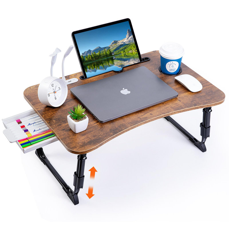 Bureau d'ordinateur portable pour lit, table de lit d'ordinateur portable à hauteur réglable, support de bureau portable pliable avec tiroir de rangement USB / porte-gobelet