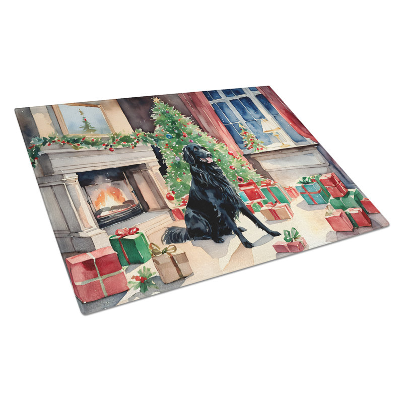 Flat-Coated Retriever Cozy Christmas Glass Cutting Board Large
