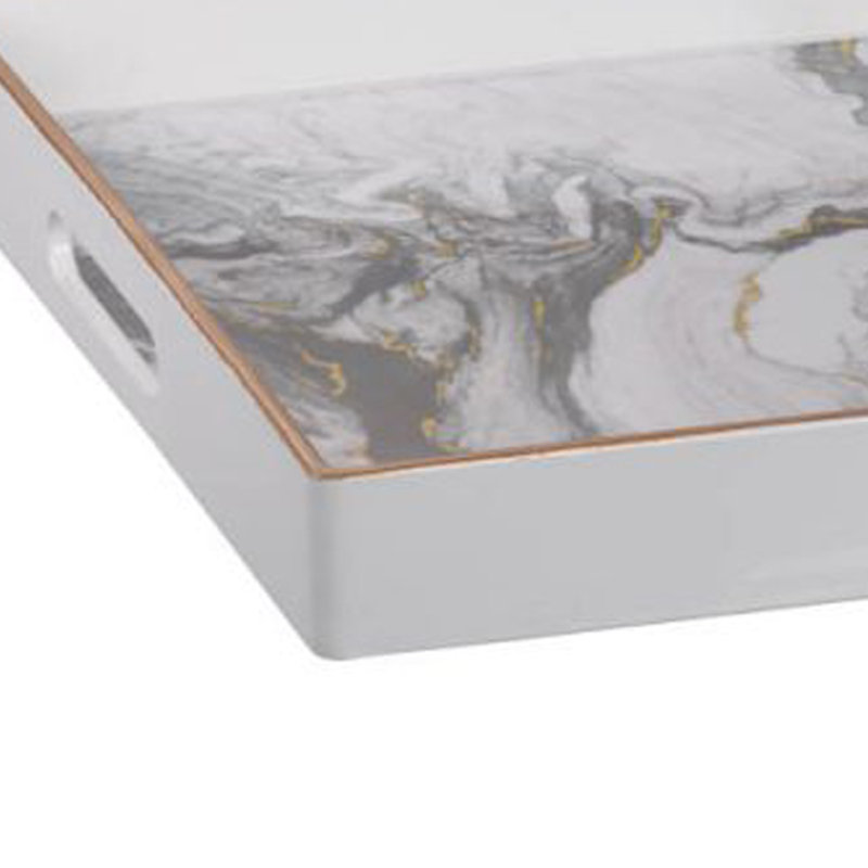 Fara Rectangular Tray Set Of 2, Marble Design, Cutout Handle, White Plastic, White/Gray/Gold