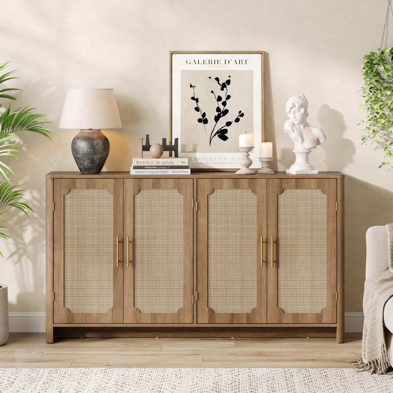 Sideboard Buffet Cabinet with Storage, Boho Kitchen Buffet Credenza Storage Cabinet with 4 Doors & Adjustable Shelves