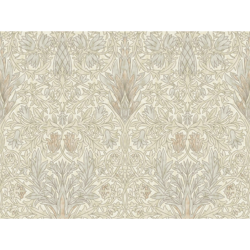 Papier peint neutre avec motif damassé botanique beige et gris, Textured Non-Pasted