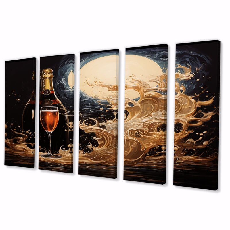 Full Moon Champagne Celebration - Ensemble d'art mural vin et champagne 5 pièces, H 32 po x l 80 po