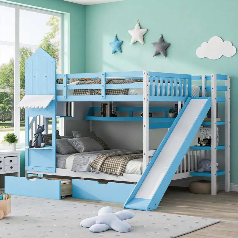 Lit double superposé double en bois massif de style château, bleu doux avec glissade, 2 tiroirs et 3 tablettes