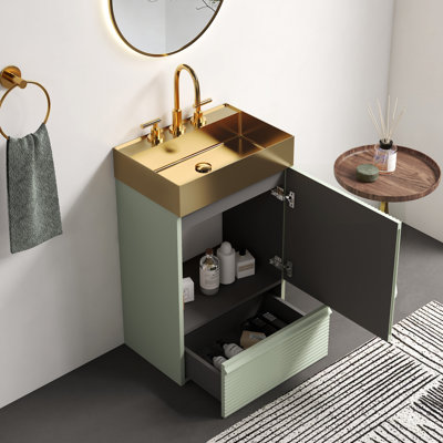 Meuble-lavabo autoportant de 20 po avec lavabo vasque en métal doré brossé, esthétique contemporaine, panneau de particules E1, tiroir à une porte, meuble-lavabo rayé à quincaillerie à fermeture en douceur, conception intégrée,