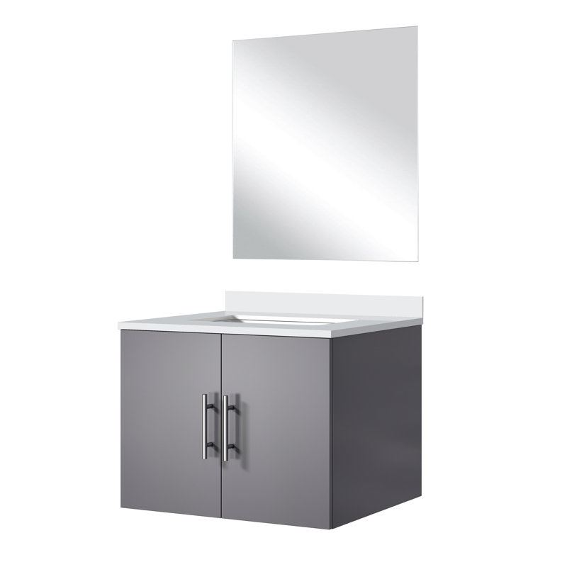 24 po L Comptoir de salle de bain gris foncé avec comptoir en quartz et miroir, Gris foncé