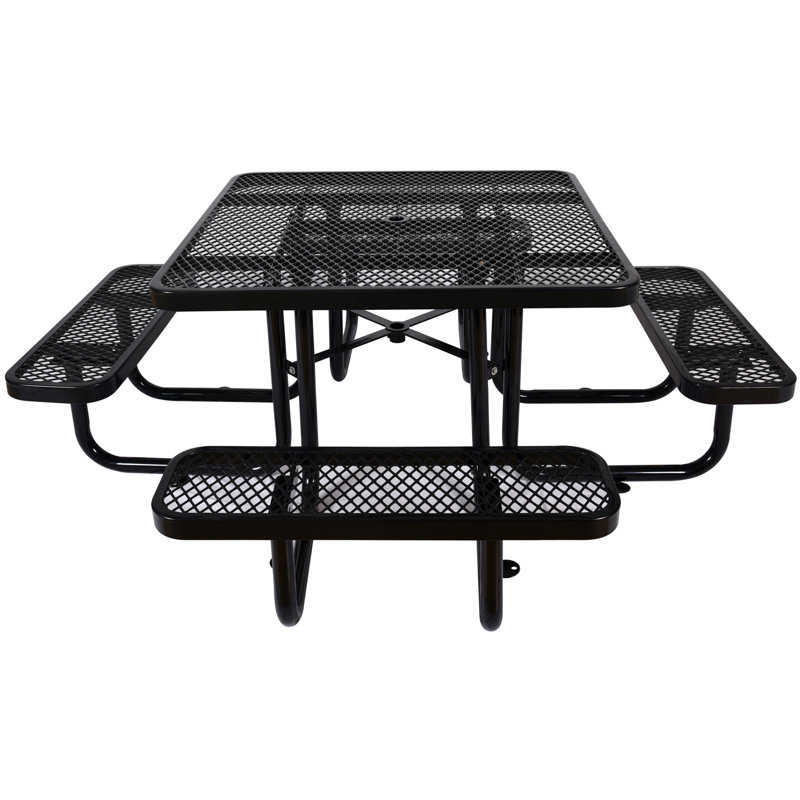 Table de pique-nique carrée d'extérieur en acier 46 po noir avec mât de parasol, Noir