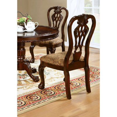 Classic Dining Chairs (2 ), Solid Wood, Cherry Finish, Print Fabric Seat, Intricate Back Design And Of 2 Traditional Chairs, Cherry, & Claw Feet