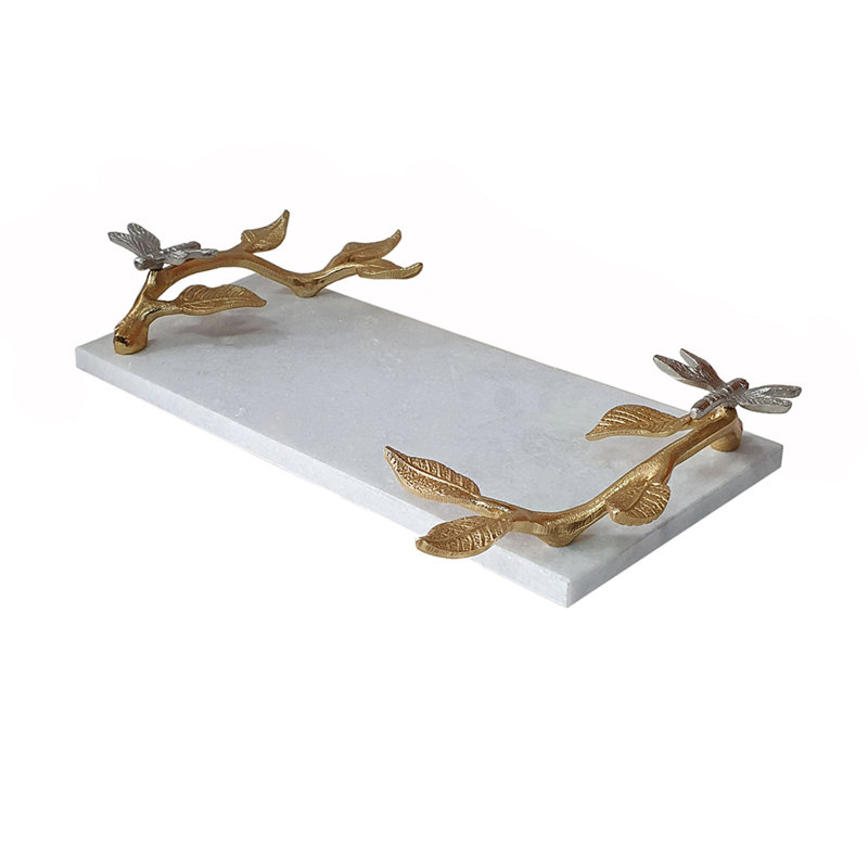 Decorative Tray, Marble Base, Gold Branch Handles With Dragonfly, 15 Inch