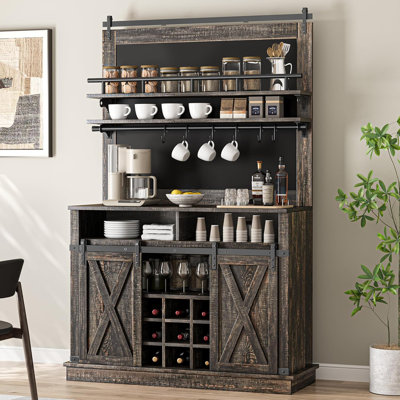 Karuna Coffee Hutch Cabinet 75" Tall Coffee Bar Cabinet Large Kitchen Hutch with Storage Farmhouse Buffet Cabinet with Sliding Barn Door for Dining Room