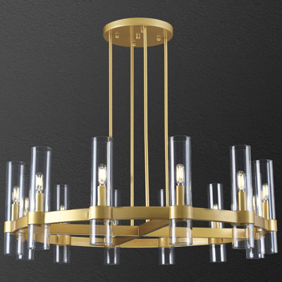12-light Dimmable Modern 36" Black Wagon Wheel Chandelier With Cylinder Glass