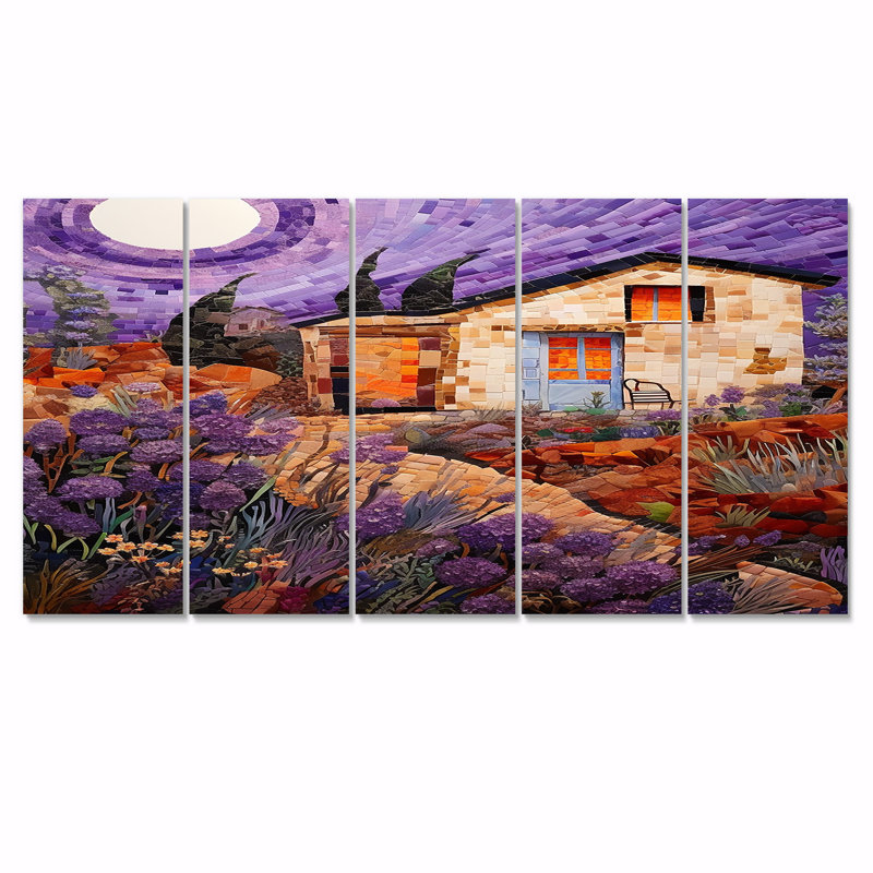 Maison de campagne blanche, pleine lune, ciel mauve - paysage, art mural 5 pièces, H 32 po x l 80 po