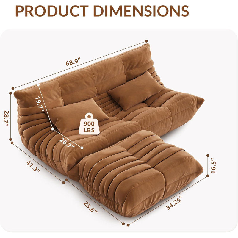 Boneless 69" Teddy Fabric Loveseat Sofa, Deep Seat Upholstered Bean Bag Couch for Living Room, Bedroom, or Apartment, Brown