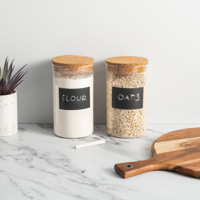 Natural Elements Medium Storage Canisters, Set of 2 Glass Storage Jars with Cork Lids and Chalkboard Labels, Clear, 1 Litre