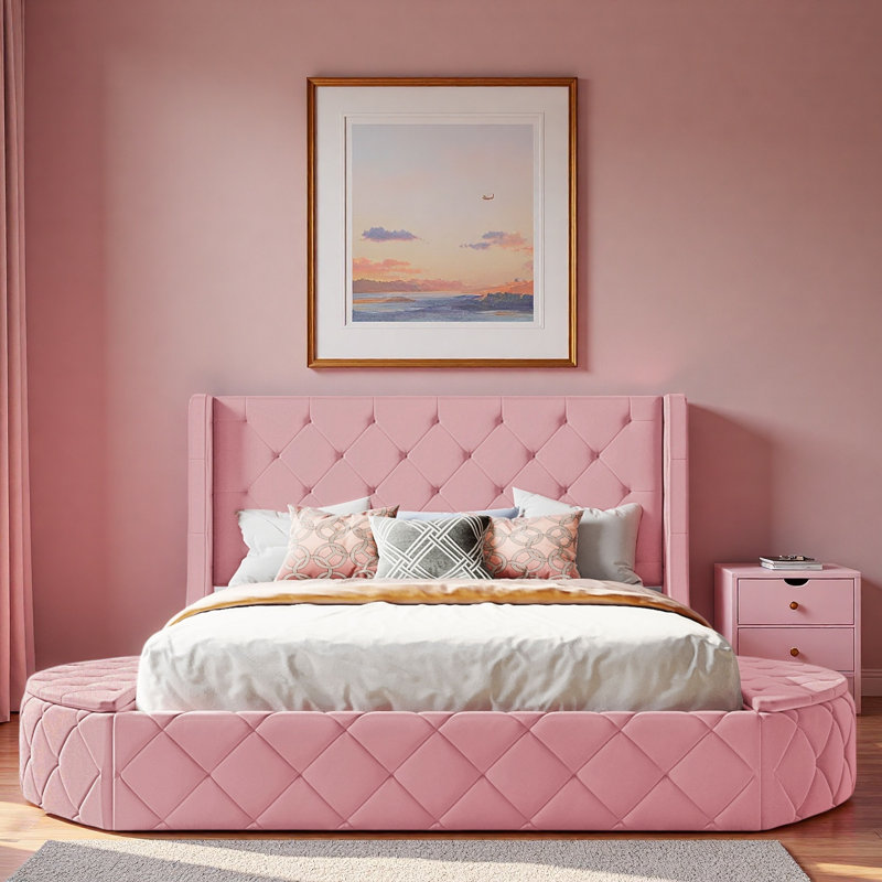Lit plateforme tapissier en velours avec tête de lit à oreilles, grand tiroir et tabourets de rangement latéraux, Rose