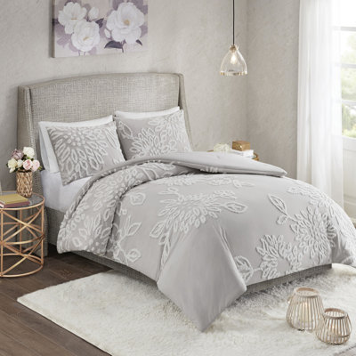 Édredon gris chaud et blanc - Décoration de chambre en coton chenille double / grand 3 pièces gris / blanc lavable à la machine
