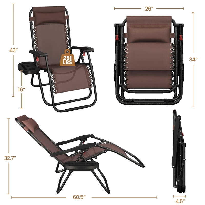 25in Outdoor Zero Gravity Chair with Cupholder and Pillow, Dark Brown/Black