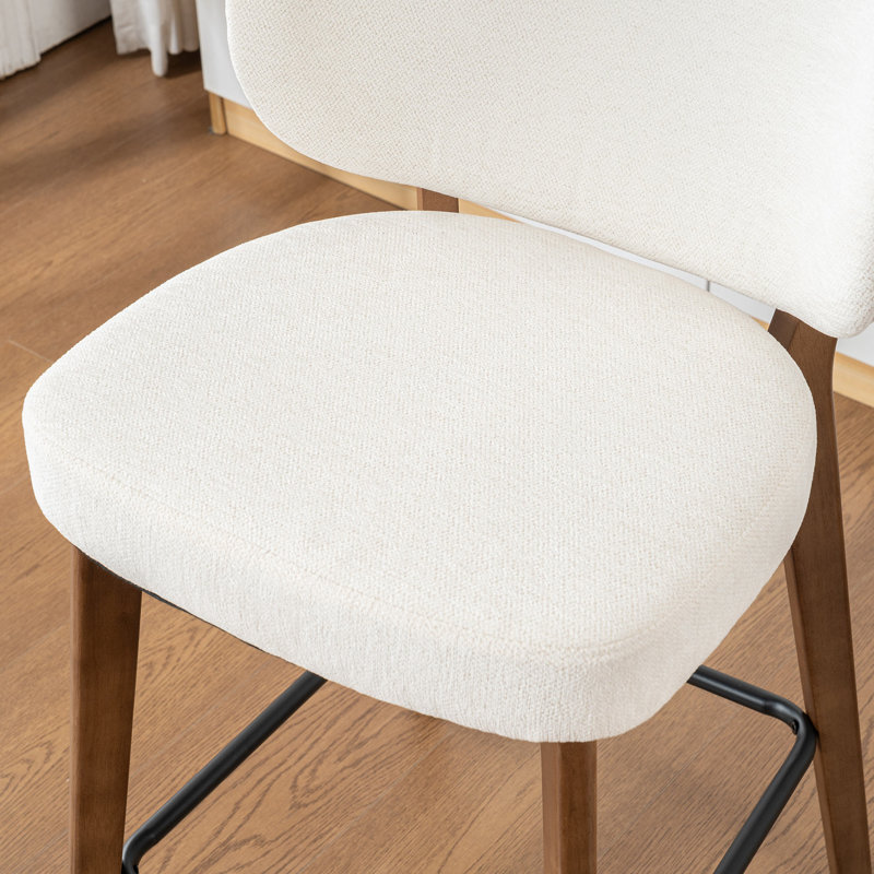 Tabouret de bar Mid-Century moderne, tabouret de bar rembourré en tissu avec dossier à oreilles, tabouret de bar à hauteur de comptoir sans accoudoirs avec pieds en bois, repose-pieds en métal, pour comptoir de bar pour îlot de cuisine, beige, ensemble de 2
