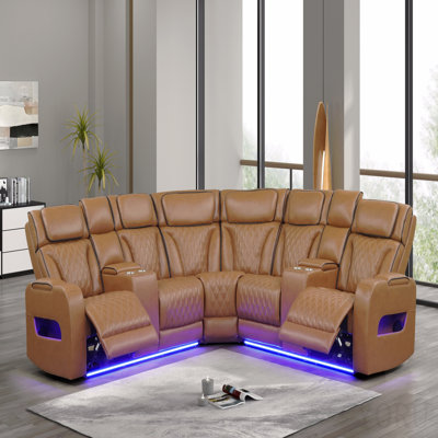 Canapé modulaire inclinable électrique 116 po en cuir brun clair avec repose-tête électrique, haut-parleurs Bluetooth, lumières à DEL, ports USB et USB-C, rangement et porte-gobelets