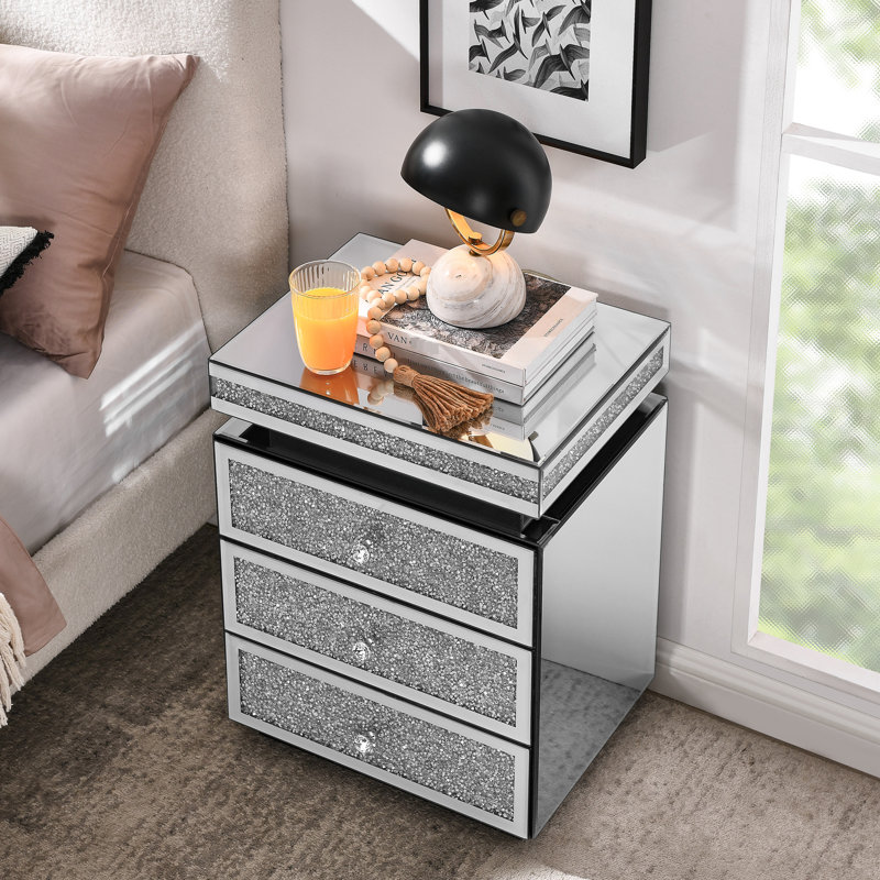 Table de chevet argentée à miroir avec 3 tiroirs, incrustation de cristal de table moderne pour la chambre à coucher, l 13,8 po x L 17,7 po H 23,6 po