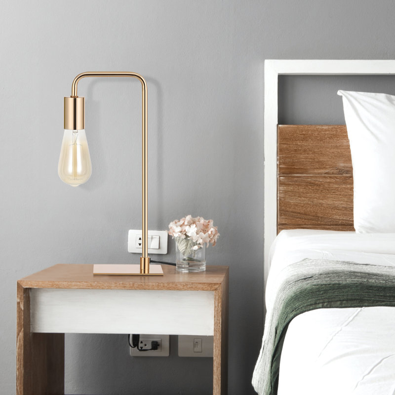 15.9"H Small Nightstand Lamp with tubular metal body for Bedroom Office,Gold