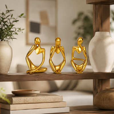 Ensemble de petites statues de penseur doré - Sculpture abstraite en résine de grès, décoration de bureau et bibliothèque 3 pièces pour la maison et le bureau