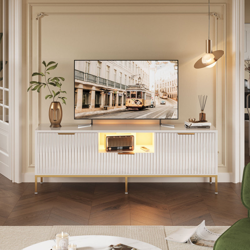 Brilyn Fluted TV Stand, Glossy Media Console with Wave Pattern Buffet Cabinet, Blanc, 21.65"H x 55.11"L x 15.35"W