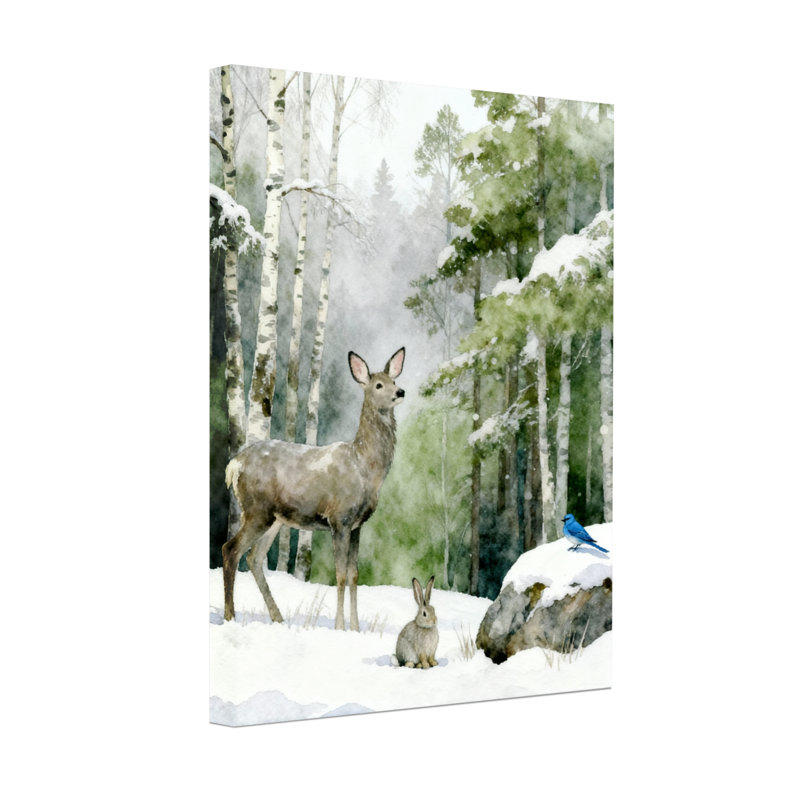 Animaux, hiver, forêt, cerf, lapin, scène d'oiseaux, H 18 po x l 12 po