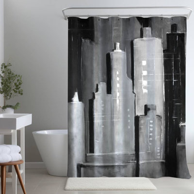 Abstract Black & White Buildings – Polyester Shower Curtain, Dye Sublimation Print, 71" W × 74" L