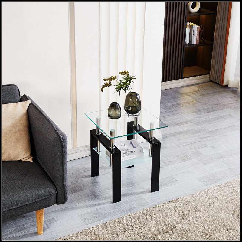 Petite table 2 pièces en verre trempé transparent, table de bout pour le salon, table de canapé au design durable et élégant