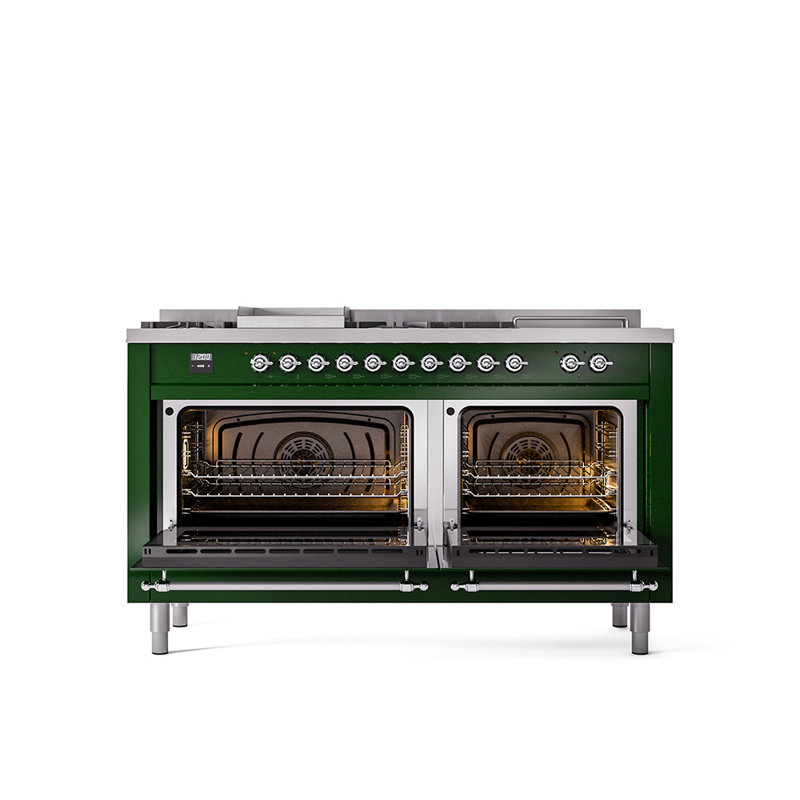 ILVE Nostalgie II 60 in Dual Fuel Range, 7 Burner, Griddle, Frenchtop, Liquid Propane, Emerald Green/Chrome