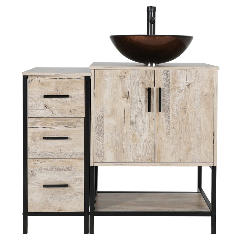 Ensemble de meuble-lavabo rustique 36 po avec plateau en bois Conrado, lavabo en verre, robinet économiseur d'eau, Chêne