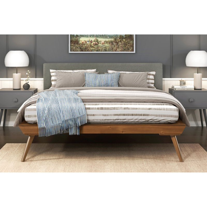 Lit plateforme double avec revêtement texturé châtaignier et tête de lit gris foncé, Double