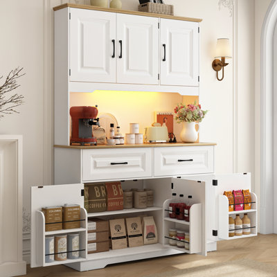 Farmhouse Pantry Hutch, 71" Tall Cabinet With Power Outlet, Led Light, 2 Drawers, 8 Doors & Open Storage For Kitchen & Dining Room