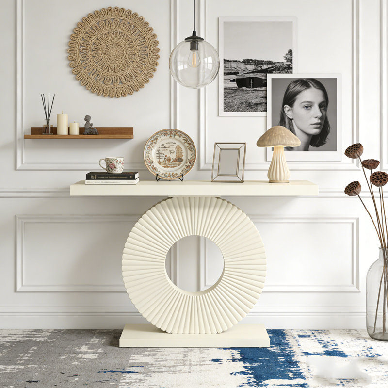 Modern Wood Sofa Table with Geometric Base, White