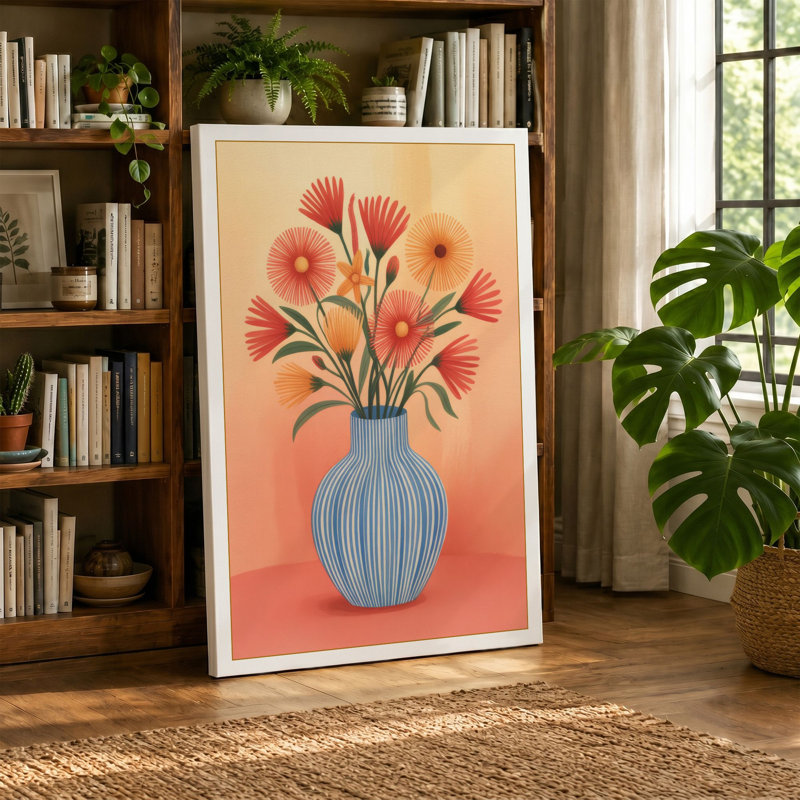 Coral Gerbera Arrangement Botanical - Wrapped Canvas, 18x12 - 45.7 x 30.5 cm, Ochre Border