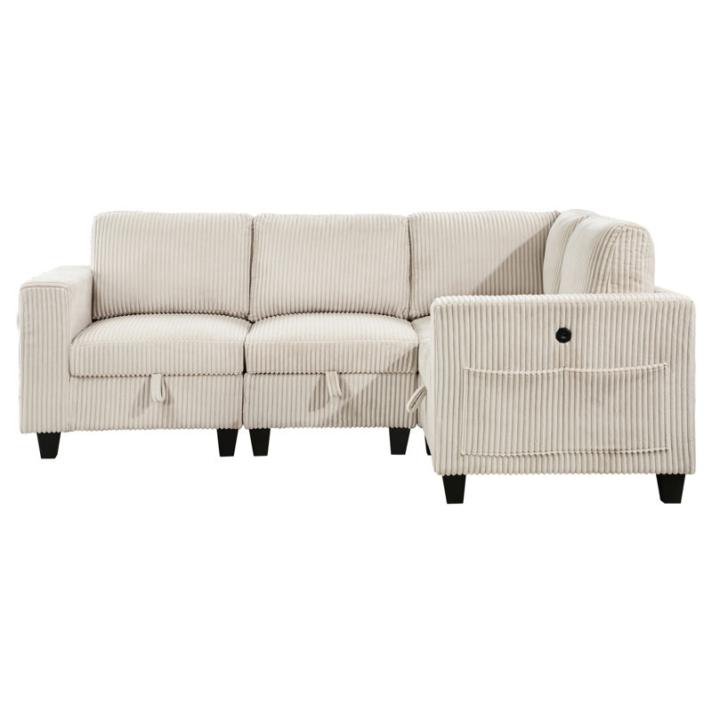 Modern Sectional With Beige Corduroy Upholstery & End Seat Storage Charging 4 In Reversible Cushions