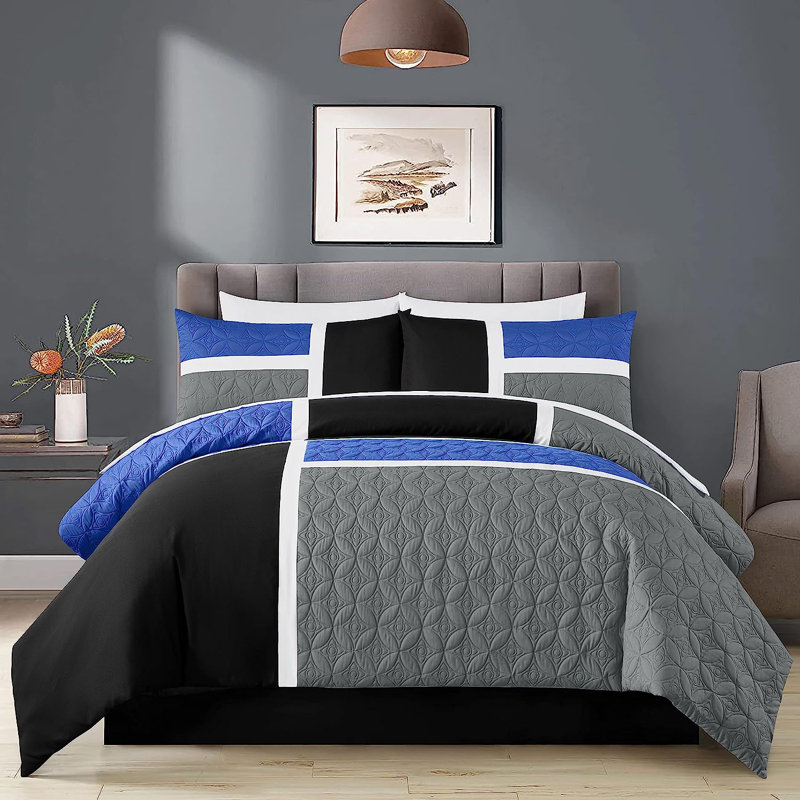 7-Piece Patchwork Bed in a Bag Comforter Set with Sheets, Full Comforter + 6 Additional Pieces, Blue/Black/Gray