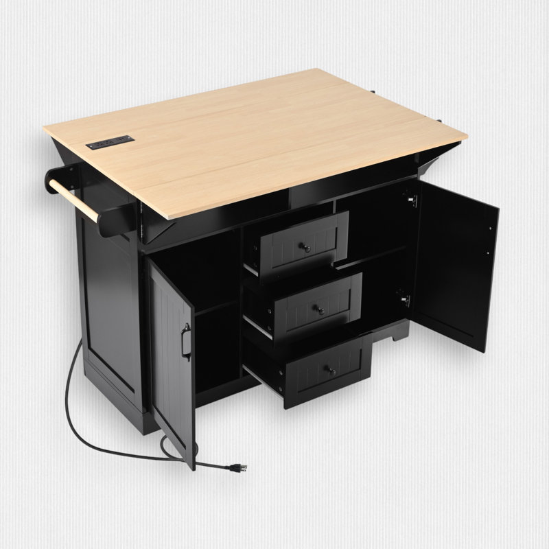 Îlot de cuisine en bois avec abattant 55,7 po, Noir