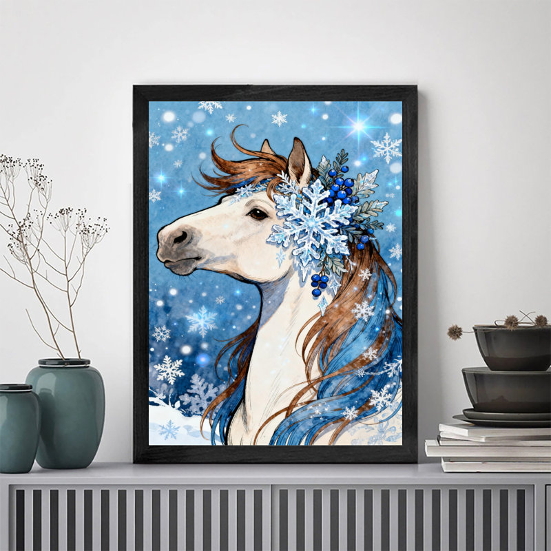 Reproduction d'art encadré noir avec oreilles enneigées et chevaux épinglés aux flocons de neige, H 11 po x l 9 po