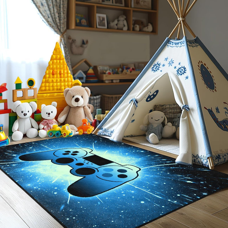 47"X31" (2'5''×4') Blue Galaxy Gaming Rug - Gamepad Loading Print Carpet For Boys' Bedroom Game Room Living Room Sofa Mat