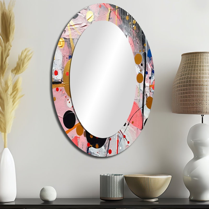 Rose et gris géométrique II - miroir décoratif ovale abstrait sur métal, 36 po x 24 po