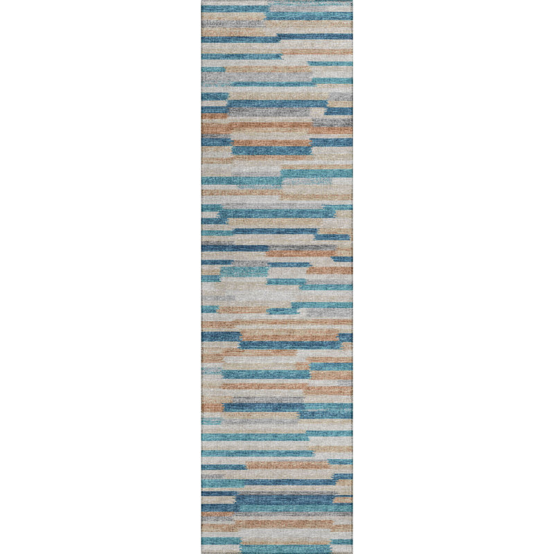 Tapis bleu / brun / gris abstrait tissé à la machine, Tapis de couloir 2 pi 3 po x 7 pi 6 po