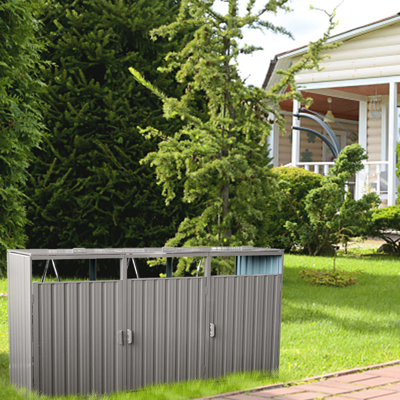 Remise à poubelle en métal de couleur grise - peut contenir 3 poubelles, des grattoirs, un rangement facile à installer et à nettoyer pour les cales à gazon, l'utilisation