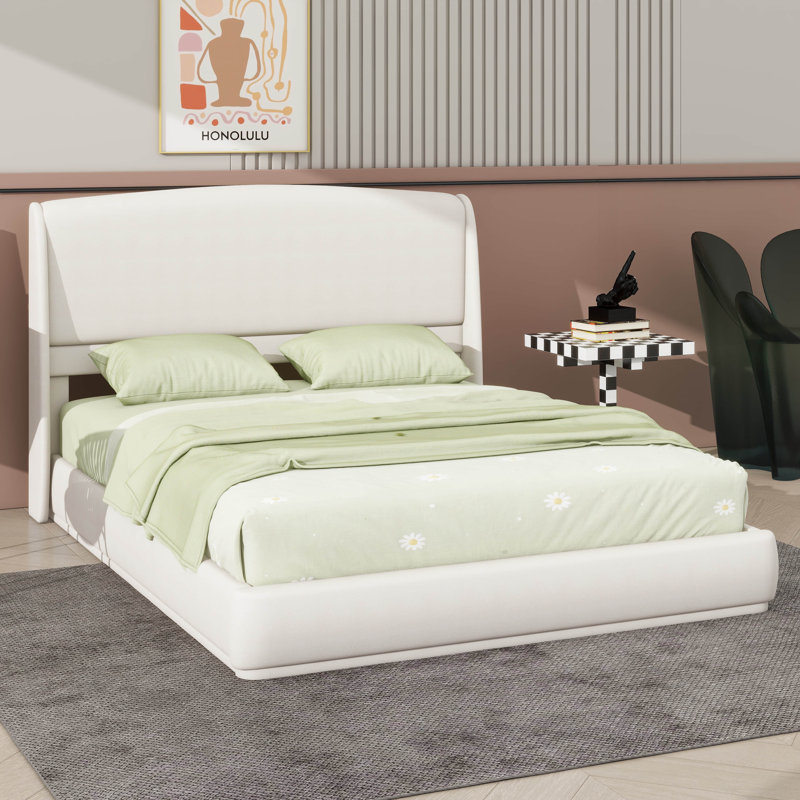 Structure de grand lit avec tête de lit à oreilles et lit plateforme à profil bas, Beige