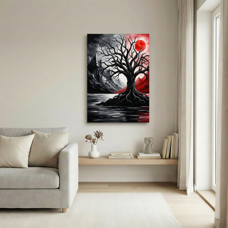 Art mural sur toile noir sans feuilles avec soleil rouge et montagnes, H 30 po x l 20 po